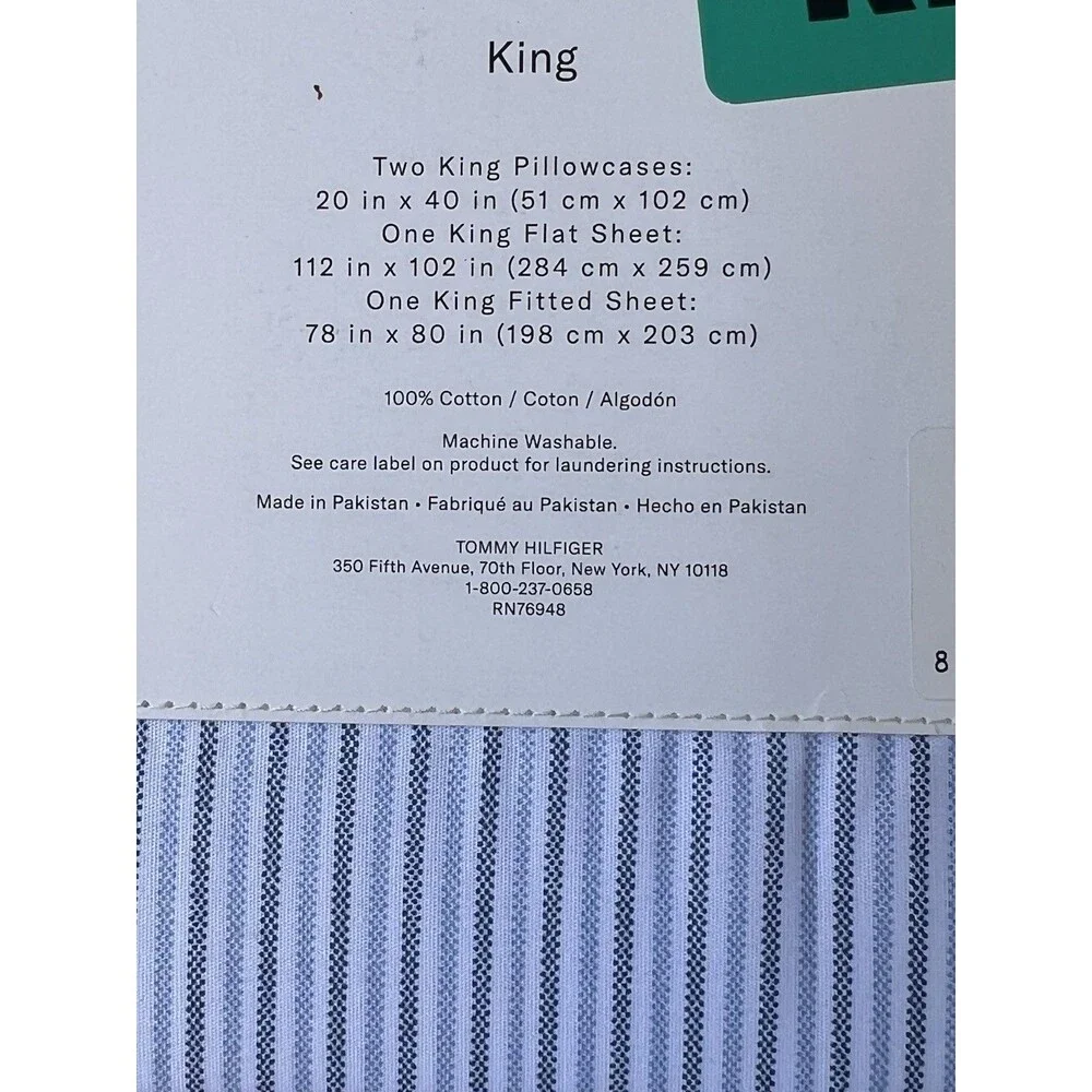 Tommy Hilfiger KING Bed Sheet Set 100% Percale Cotton Ithaca Bicolor Stripe Blue